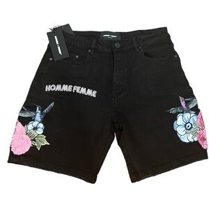 Homme + Femme Embroidered Denim Shorts Size 32